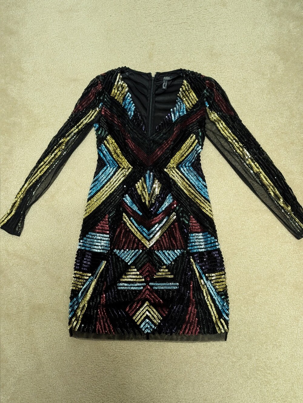 Aidan Mattox Black Multicolor Sequin Long Sleeve Bodycon Dress